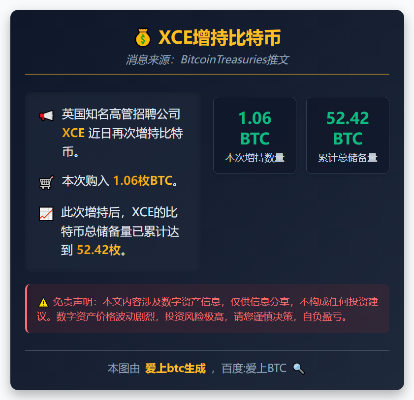 XCE增持1.06枚比特币