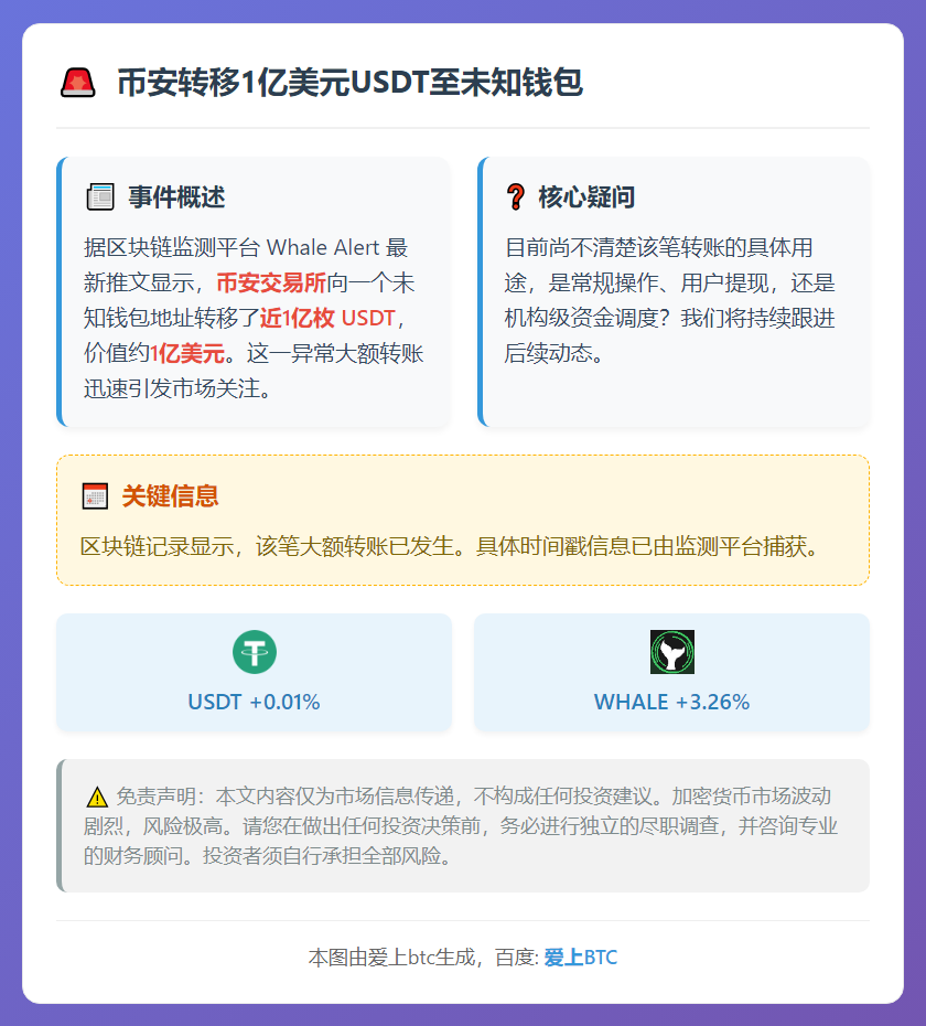 币安转移1亿美元USDT至未知钱包