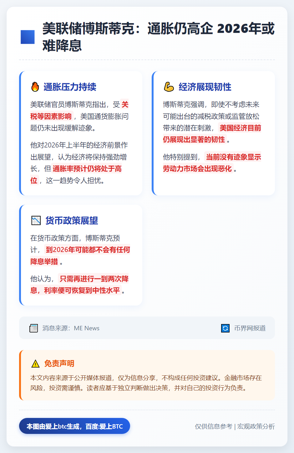 美联储博斯蒂克：通胀仍高企 2026年或难降息