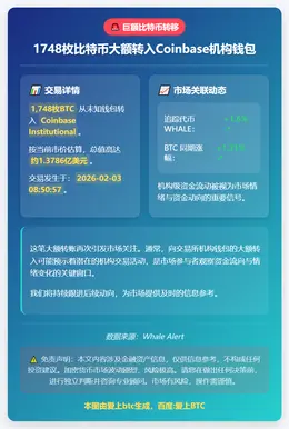 1748枚比特币大额转入Coinbase机构钱包