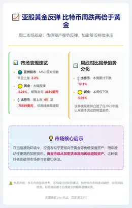 亚股黄金反弹 比特币周跌两倍于黄金