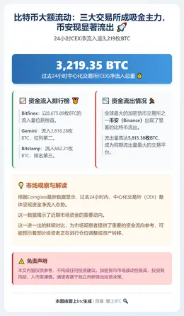 24小时CEX净流入逾3,219枚BTC