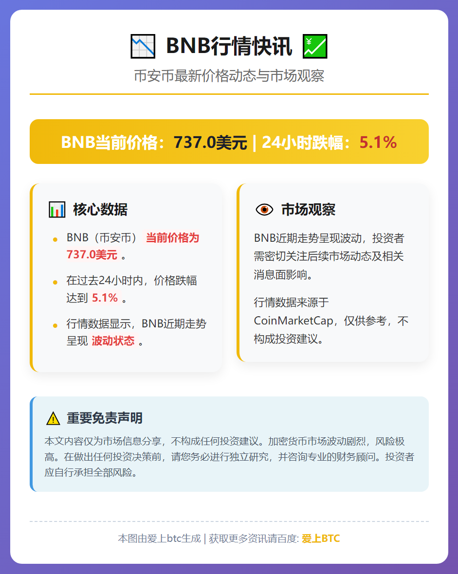 BNB跌至737美元，24小时跌幅5.1%