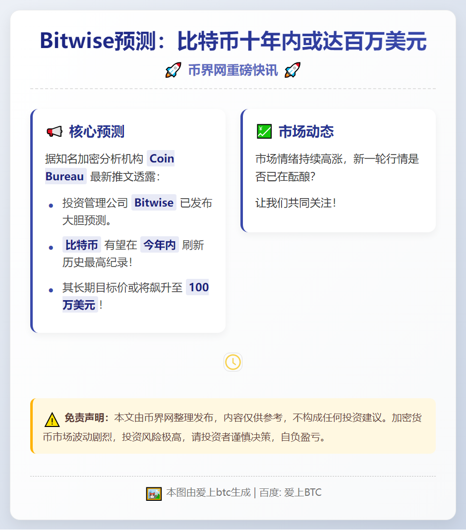 Bitwise预测：比特币十年内或达百万美元
