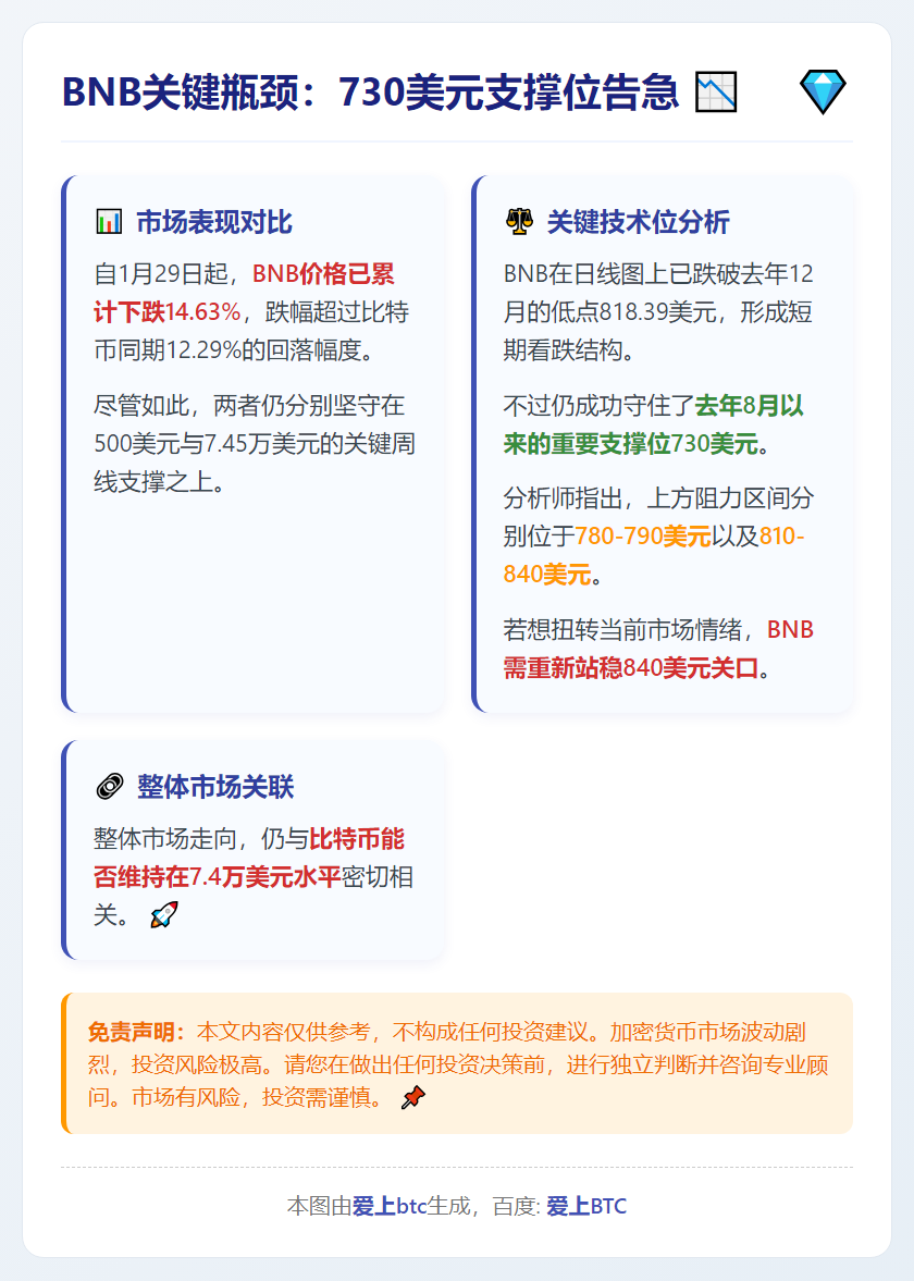 BNB关键瓶颈：730美元支撑位告急