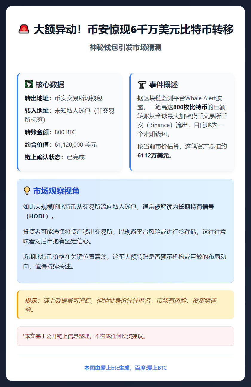 币安转出800枚比特币至未知钱包