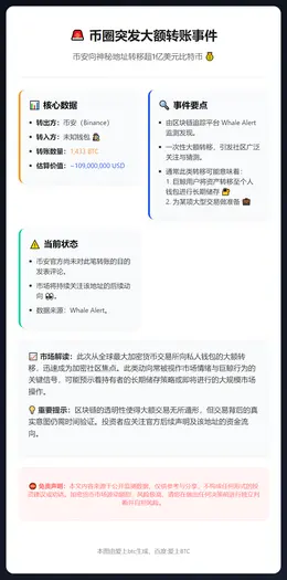 币安转移1433枚比特币至未知地址