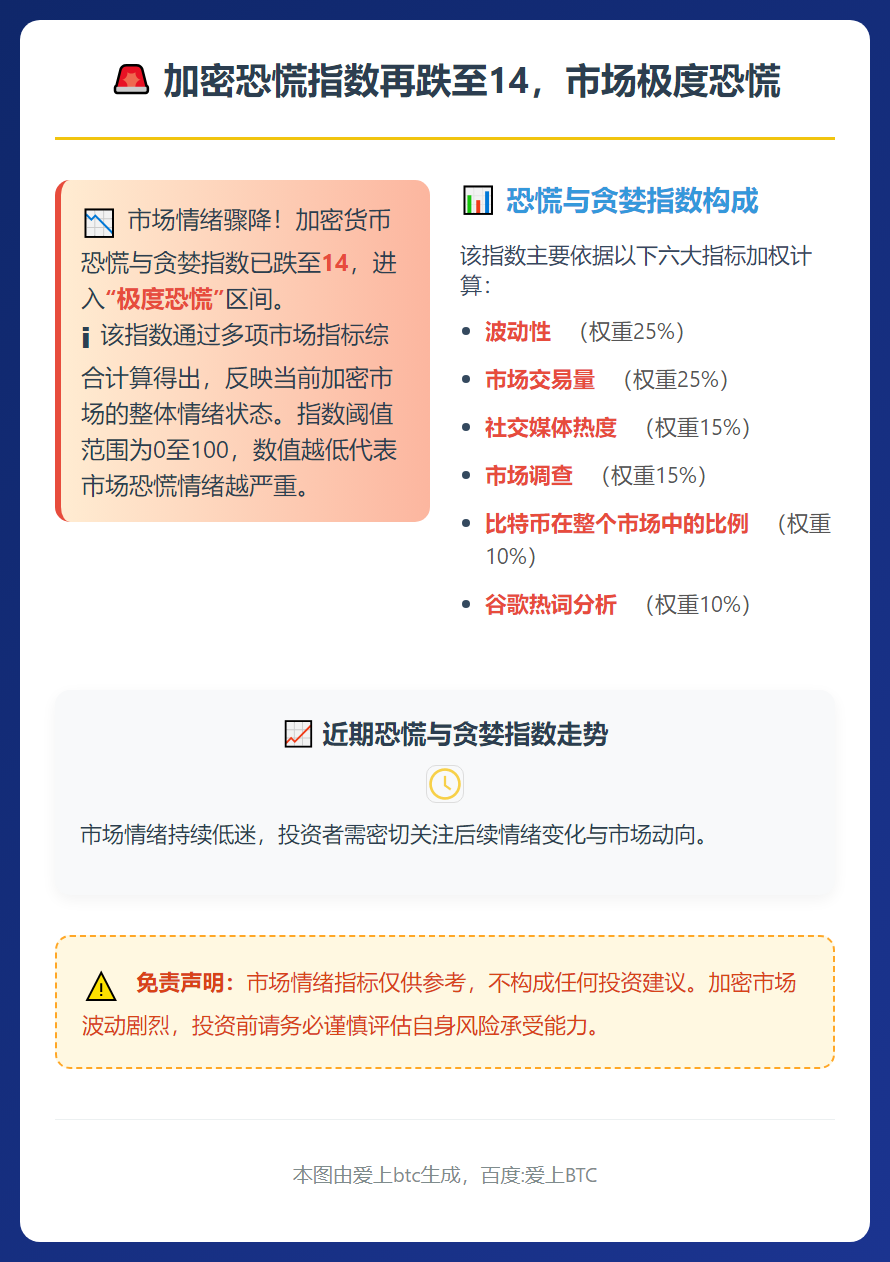 加密恐慌指数再跌至14，市场极度恐慌
