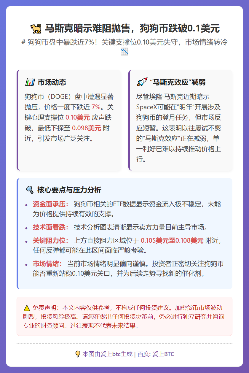 马斯克暗示难阻抛售，狗狗币跌破0.1美元