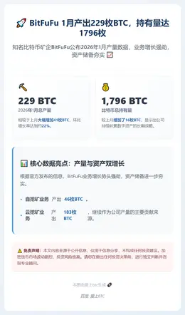 BitFuFu 1月产出229枚BTC，持有量达1796枚
