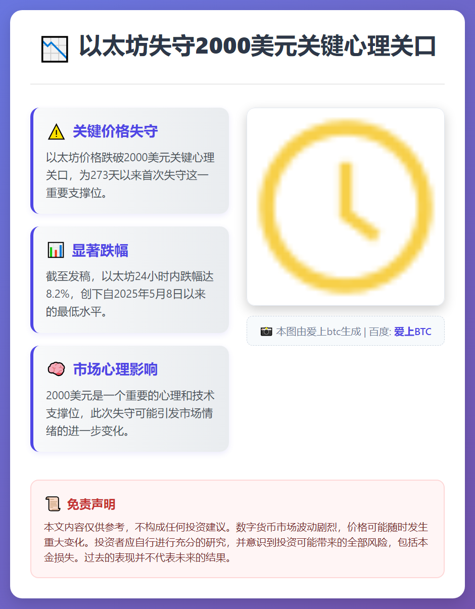 以太坊失守2000美元，24小时跌8.2%