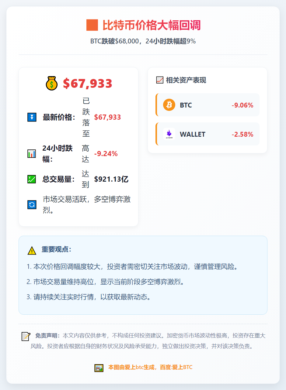 比特币跌破68000美元，24小时跌9.24%