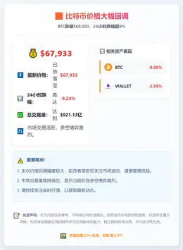 比特币跌破68000美元，24小时跌9.24%