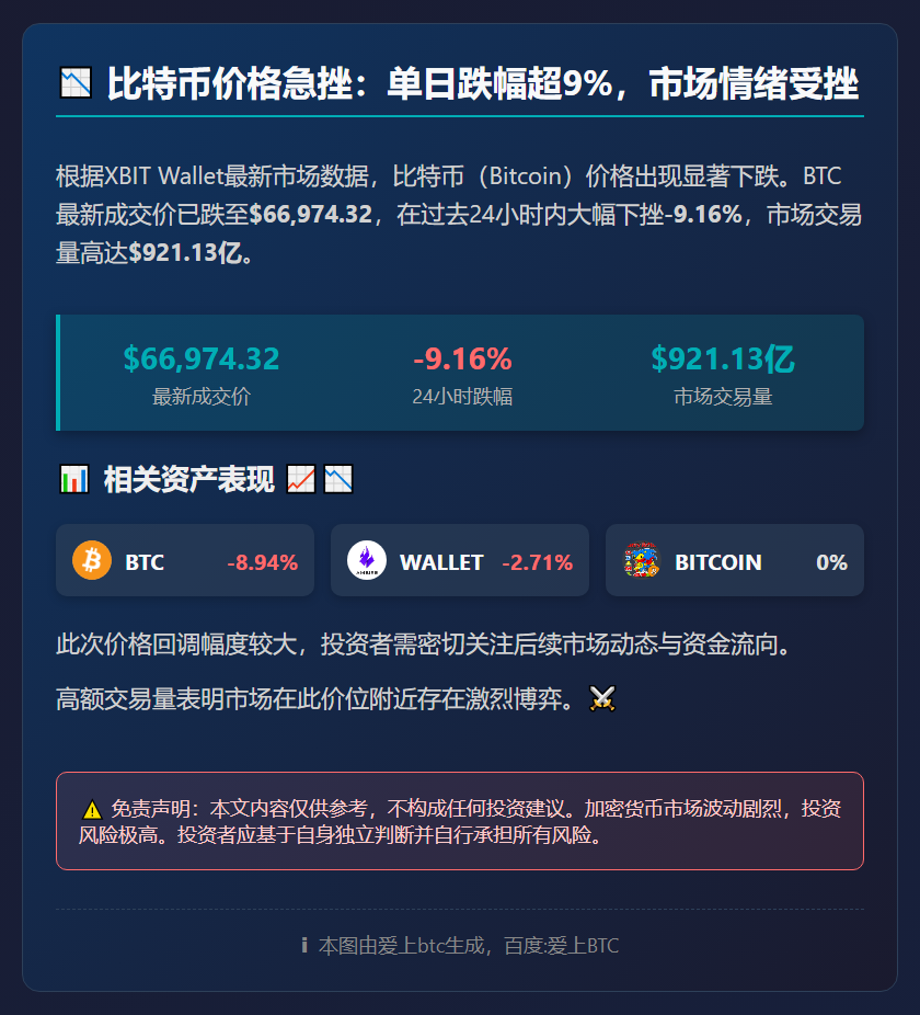 比特币跌破67000美元，24小时跌超9%