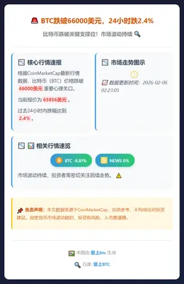 BTC跌破66000美元，24小时跌2.4%