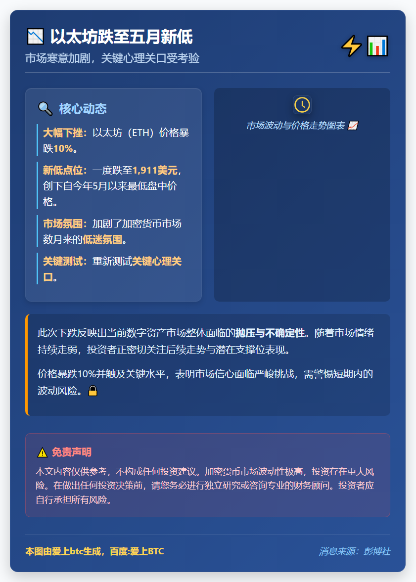 以太坊跌至五月新低