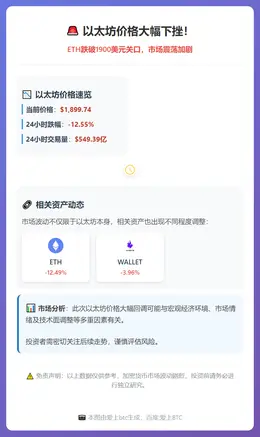 ETH跌破1900美元，24小时跌超12%
