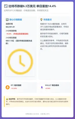 比特币跌破6.3万美元 单日重挫14.4%