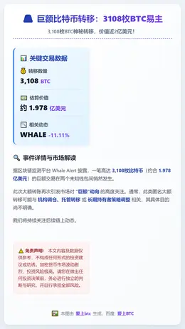 巨额比特币转移：3108枚BTC易主