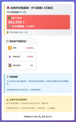 比特币跌破63000美元，24小时跌超12%