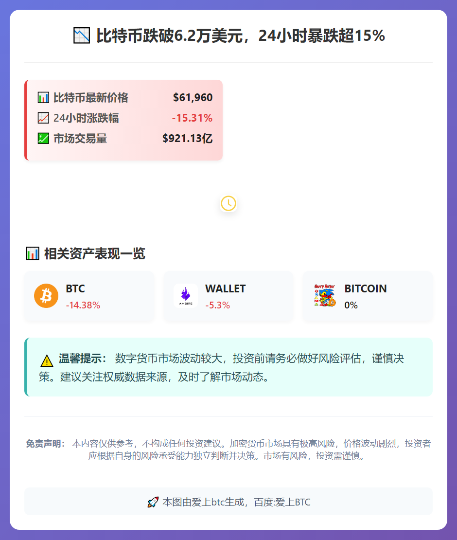 比特币跌破6.2万美元，24小时暴跌超15%