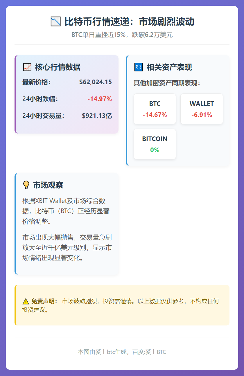 比特币跌破6.2万美元，24小时跌近15%