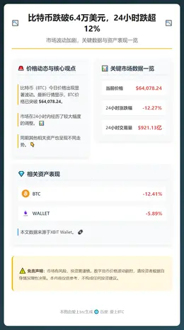 比特币跌破6.4万美元，24小时跌超12%