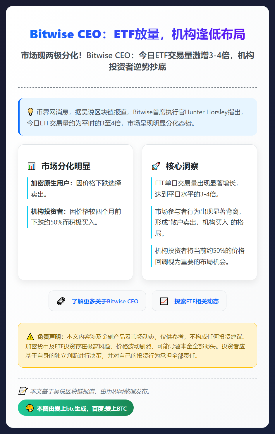 Bitwise CEO：ETF放量，机构逢低布局