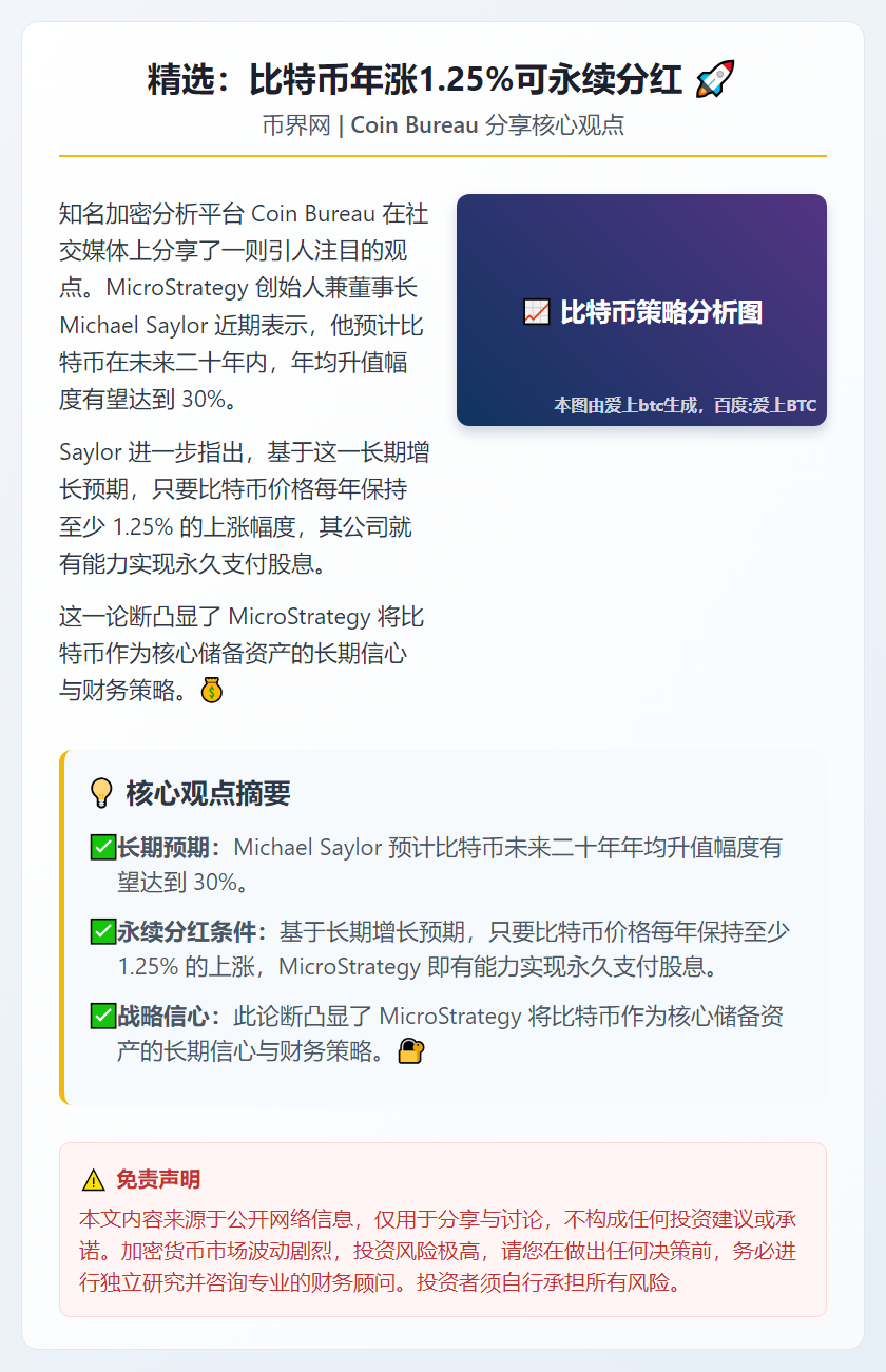 精选：比特币年涨1.25%可永续分红