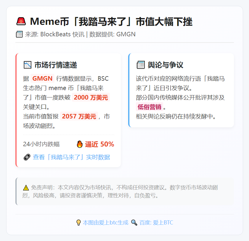 meme币「我踏马来了」市值跌破2000万美元，24小时跌近