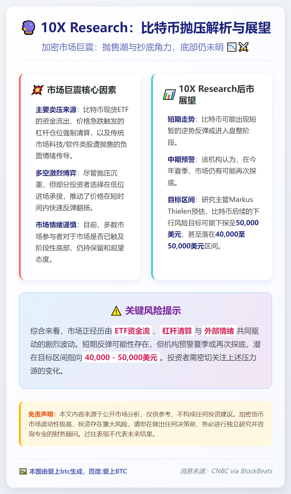 10X Research：比特币抛压来自ETF与清算，或跌至