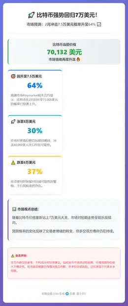 比特币2月重返7.5万美元概率升至64%