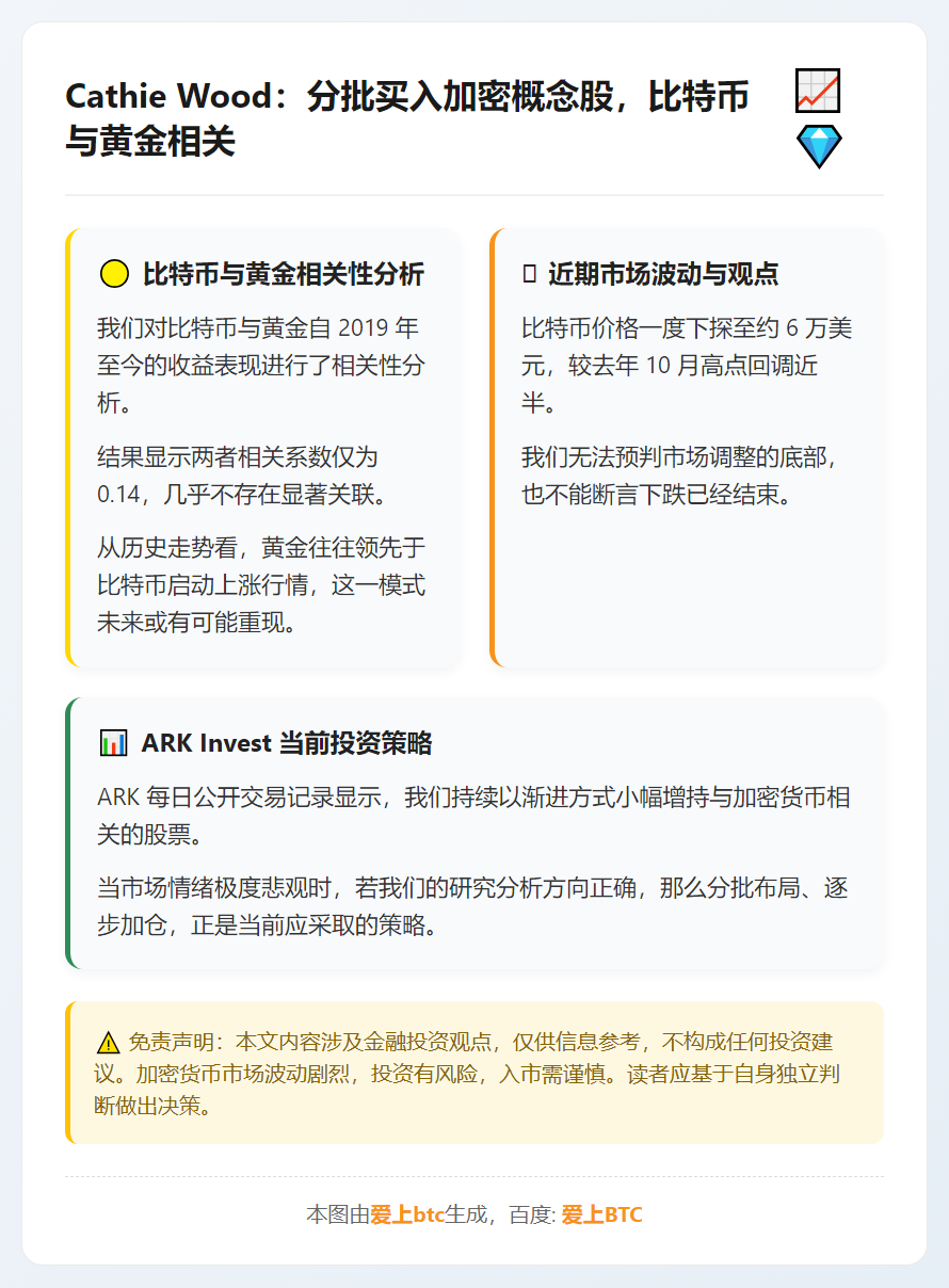 Cathie Wood：分批买入加密概念股，比特币与黄金相关