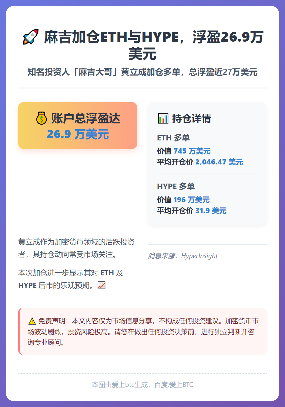麻吉加仓ETH与HYPE，浮盈26.9万美元