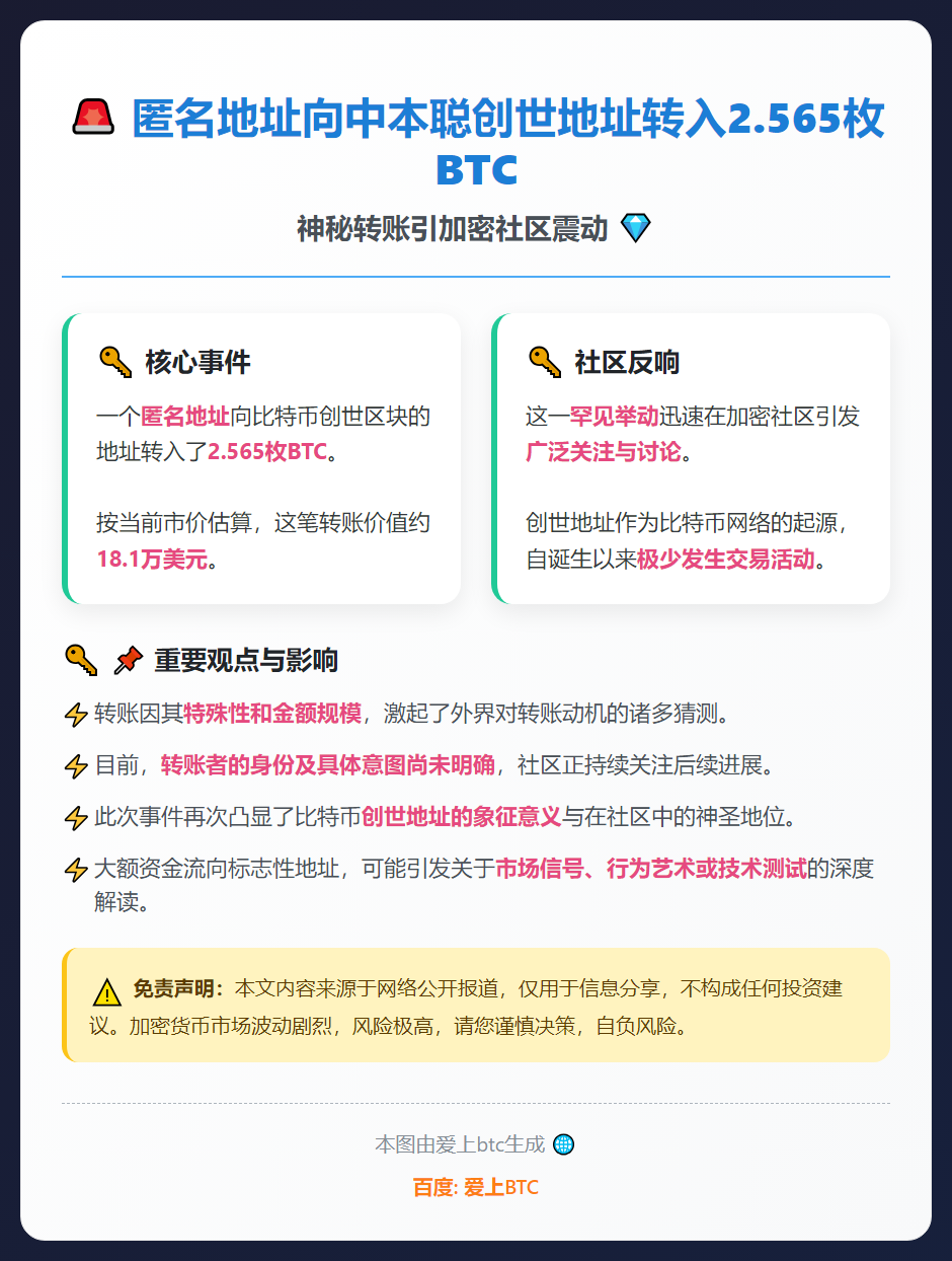 匿名地址向中本聪创世地址转入2.565枚BTC