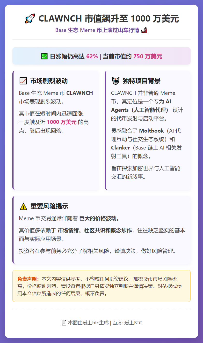 CLAWNCH市值飙升至1000万美元，日涨62%
