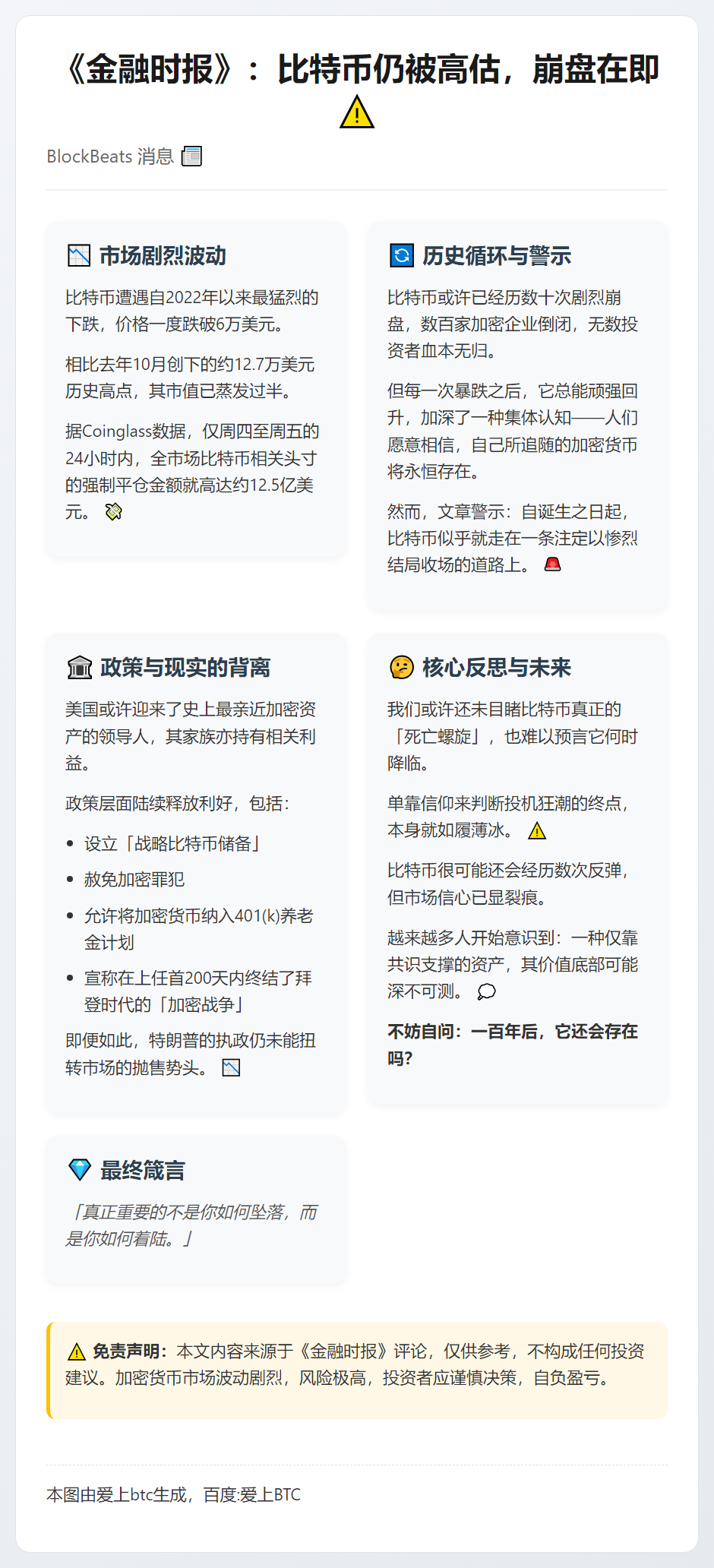 《金融时报》：比特币仍被高估，崩盘在即