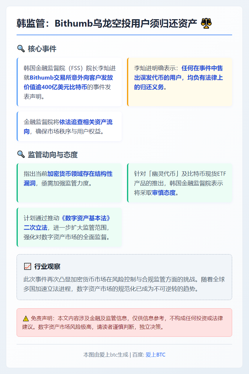 韩监管：Bithumb乌龙空投用户须归还资产
