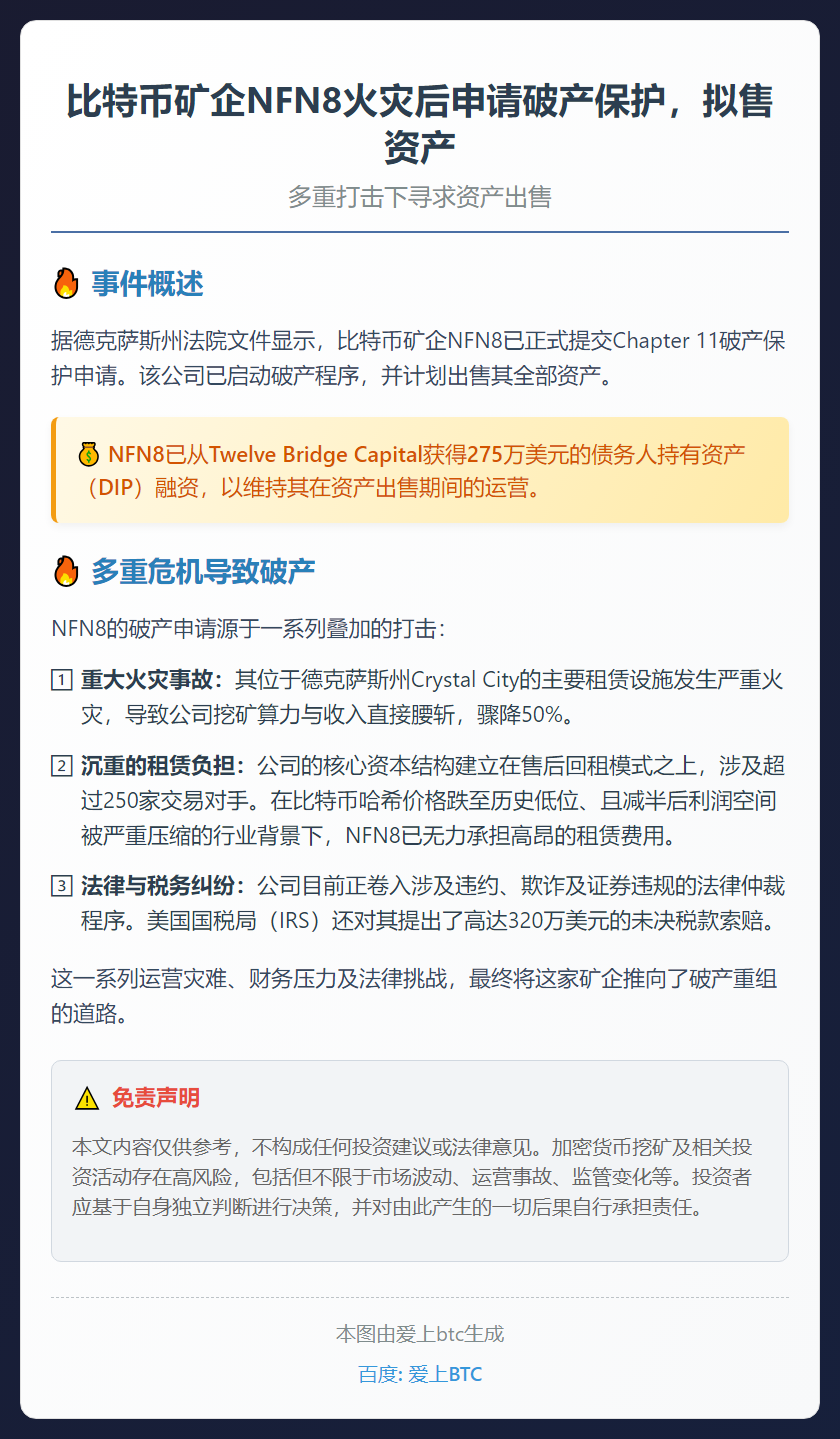 比特币矿企NFN8火灾后申请破产保护，拟售资产