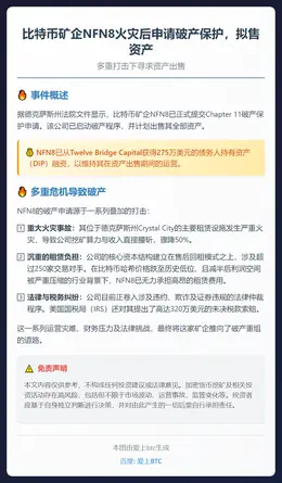 比特币矿企NFN8火灾后申请破产保护，拟售资产