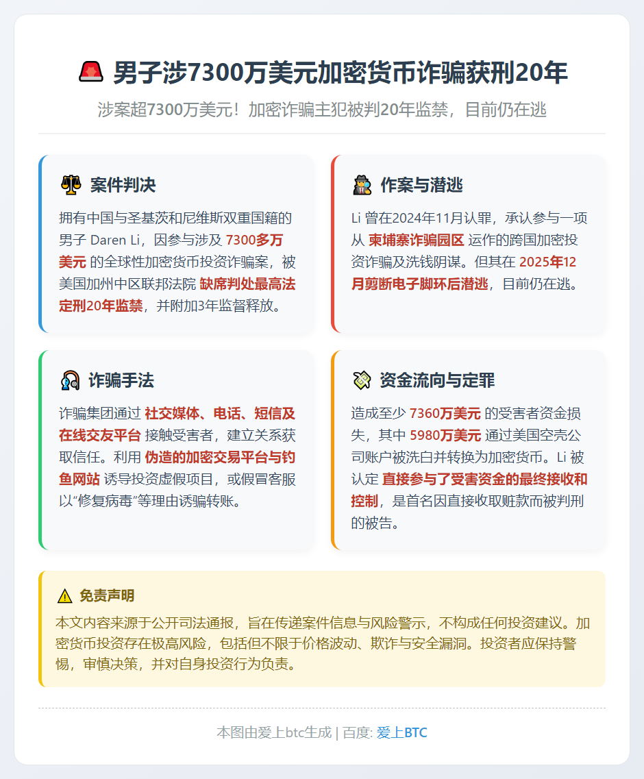 男子涉7300万美元加密货币诈骗获刑20年