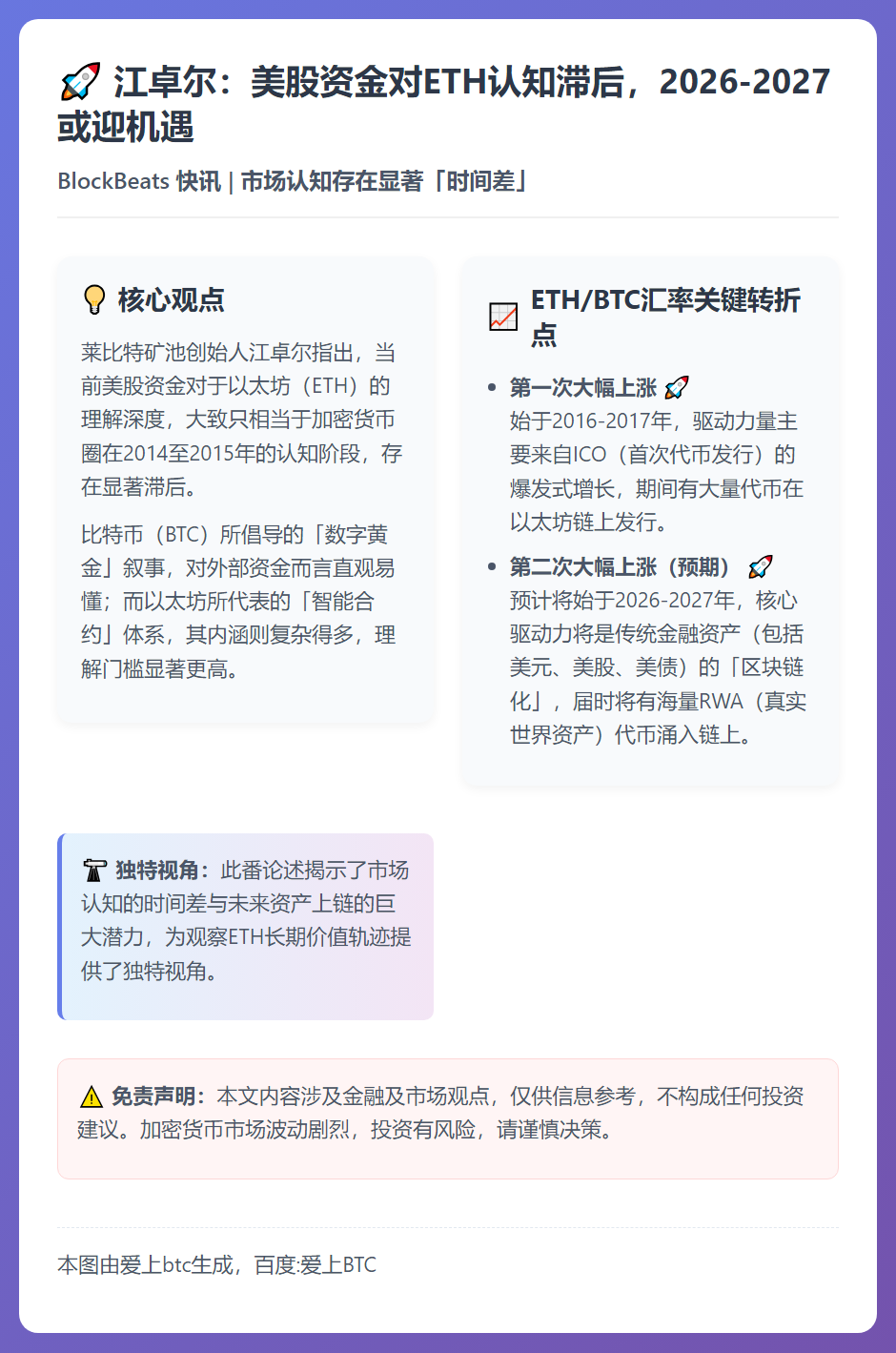 江卓尔：美股资金对ETH认知滞后，2026-2027或迎ET