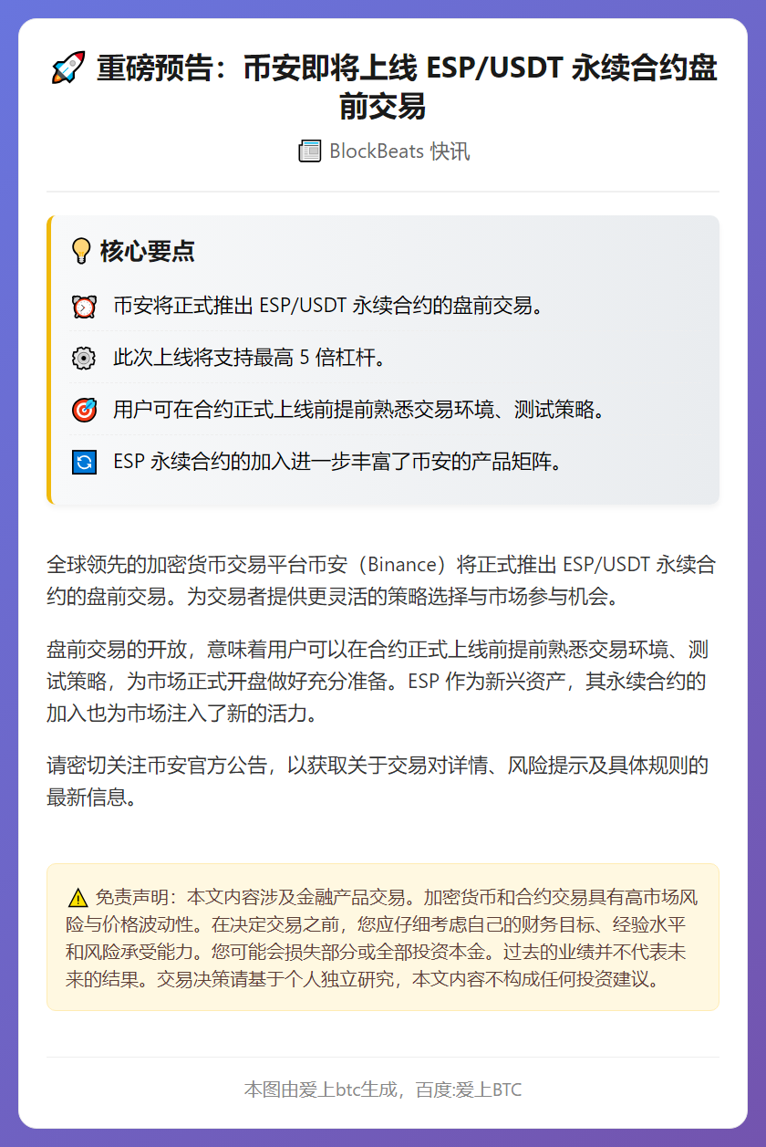 Binance上线ESP永续合约盘前交易