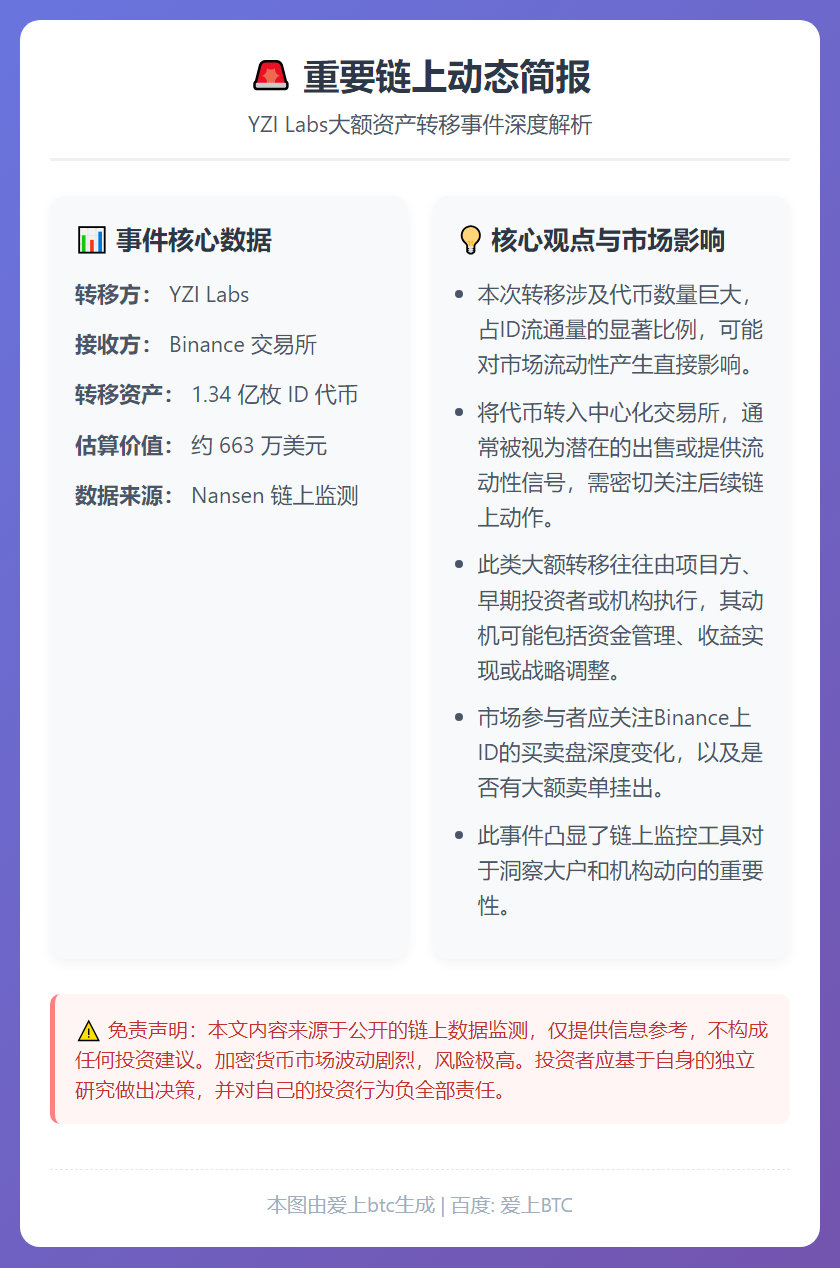 YZI Labs向Binance转入1.34亿枚ID，价值6
