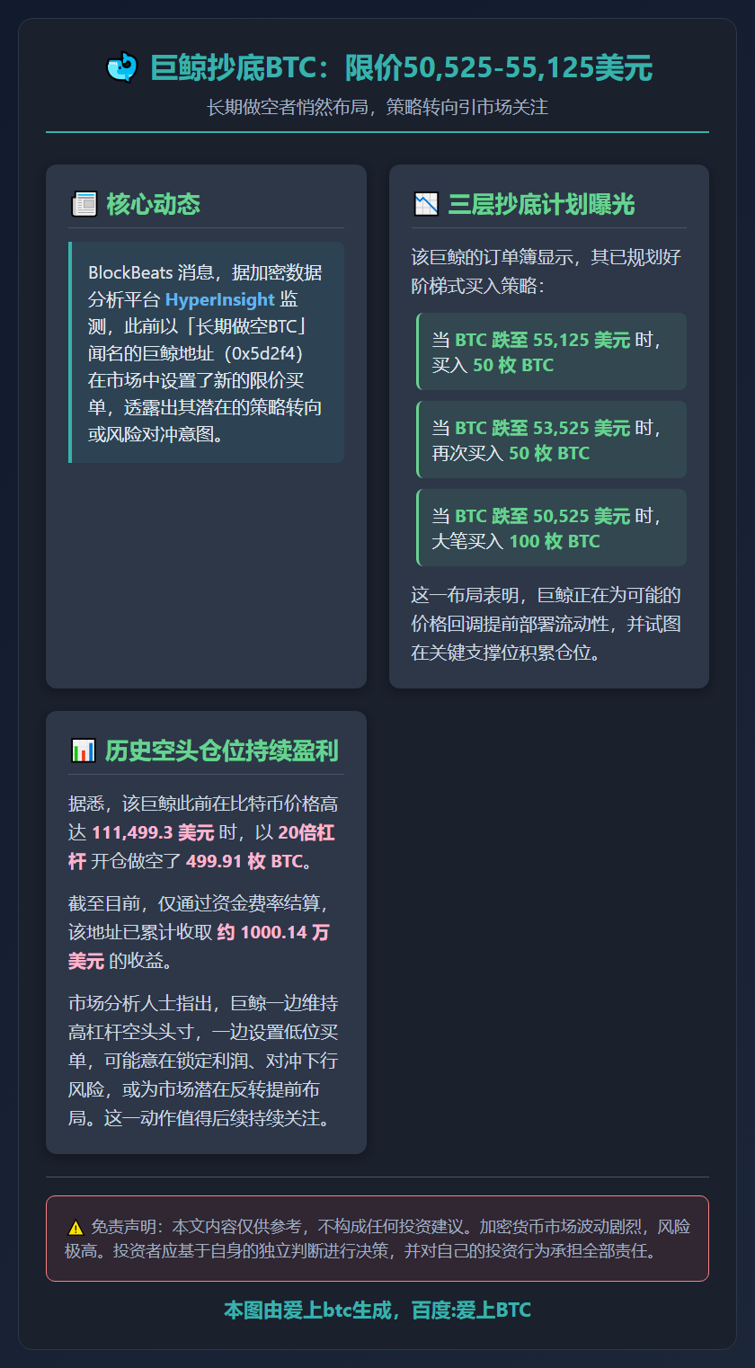 巨鲸抄底BTC：限价50,525-55,125美元