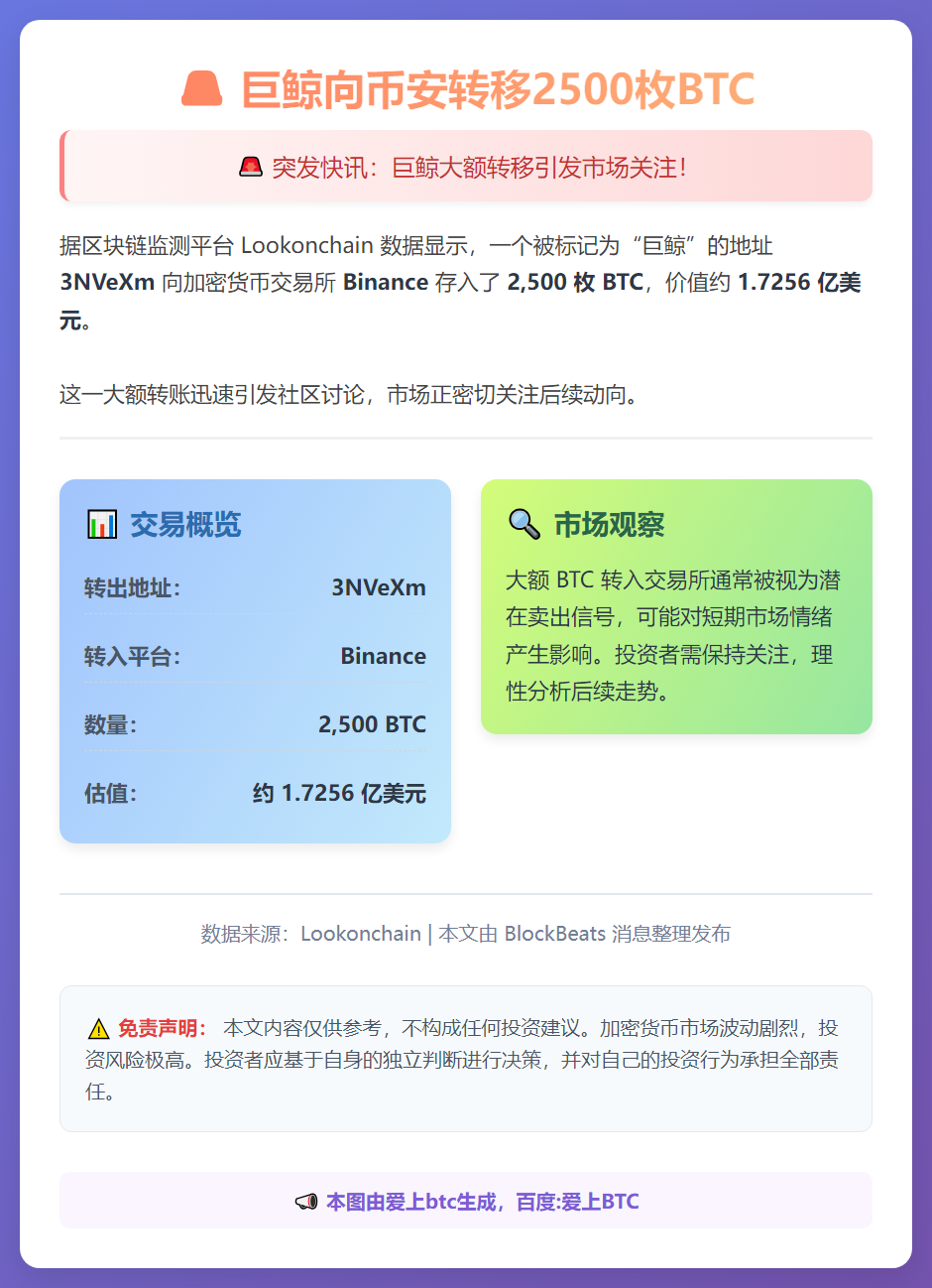 巨鲸向币安转移2500枚BTC