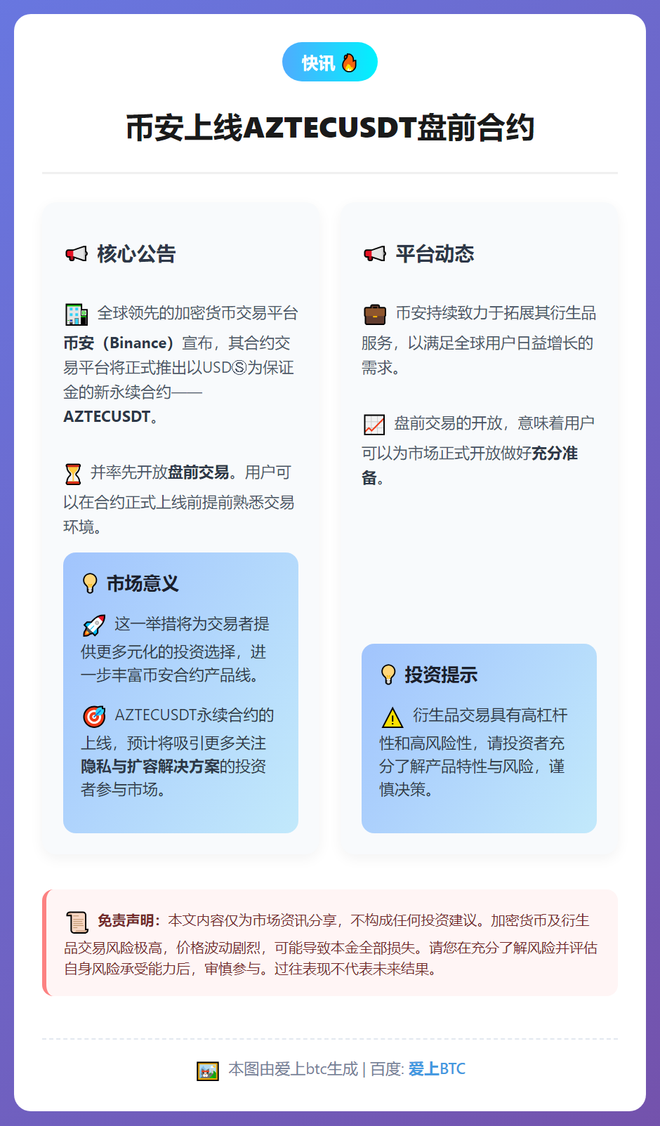 币安上线AZTECUSDT盘前合约