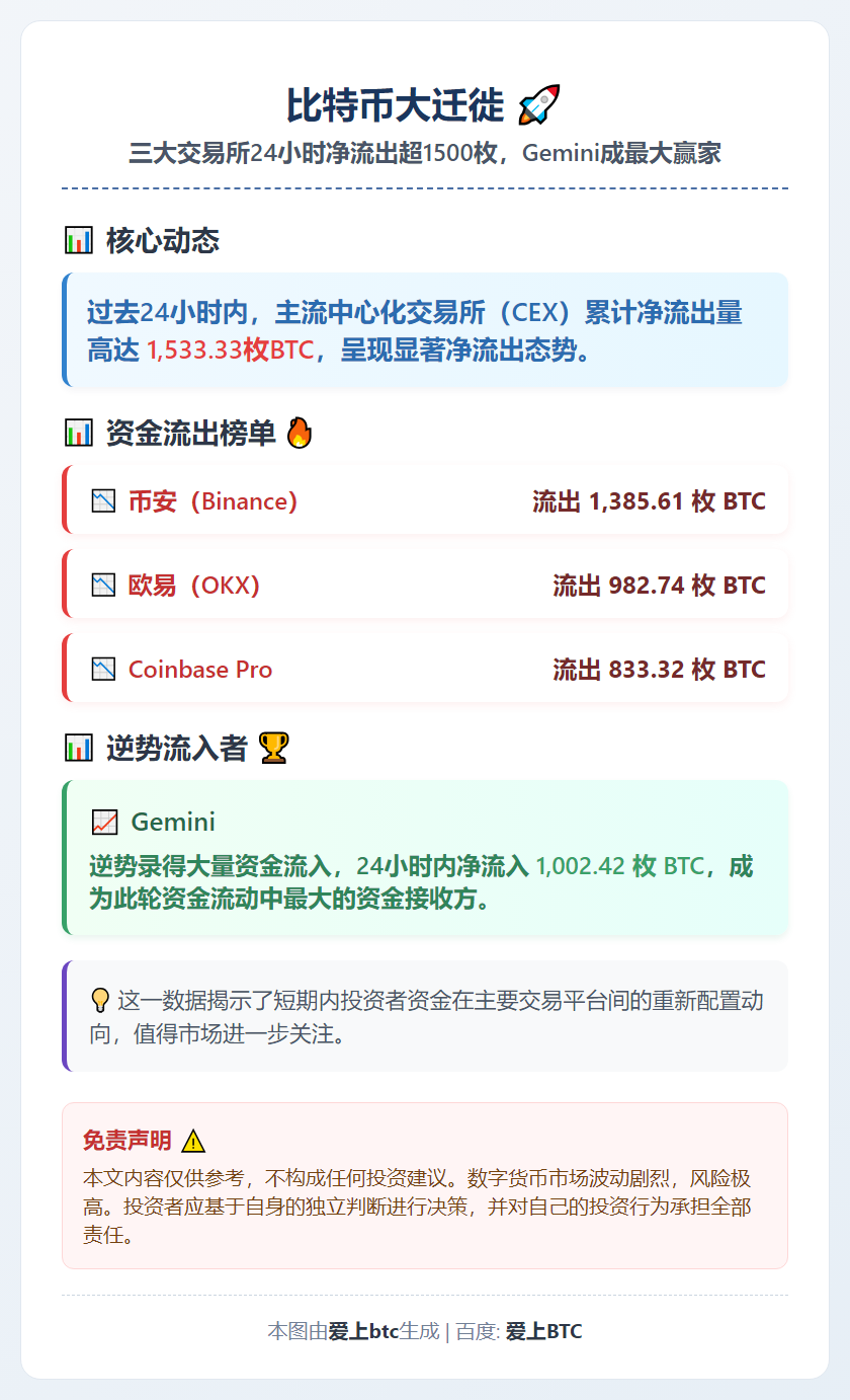 24小时CEX净流出超1,500枚BTC