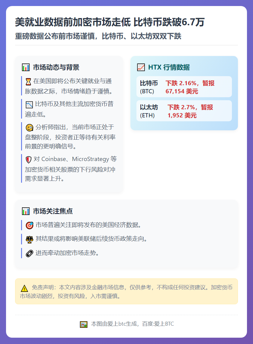 美就业数据前加密市场走低 比特币跌破6.7万