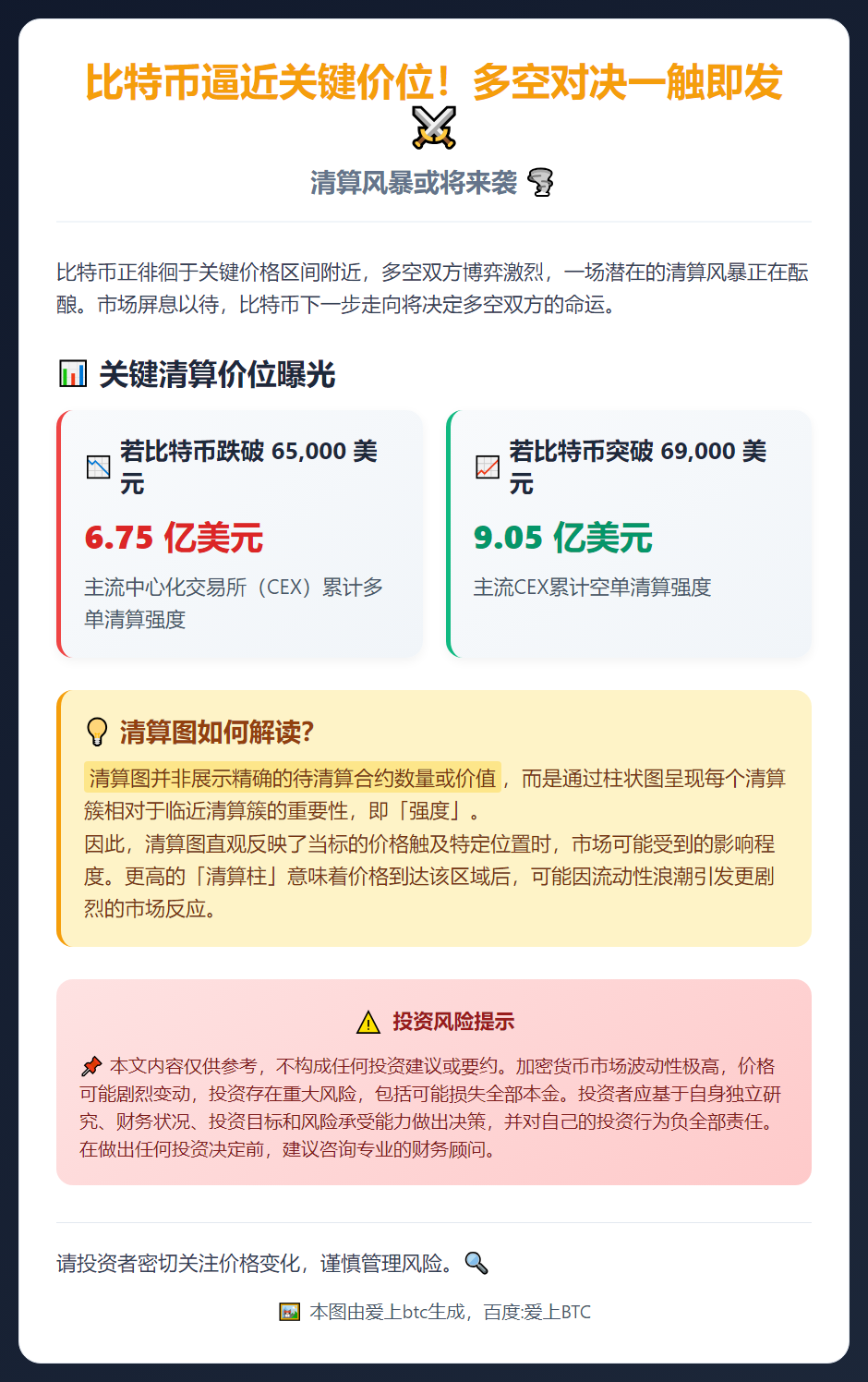 比特币跌破6.5万美元将清算6.75亿多单